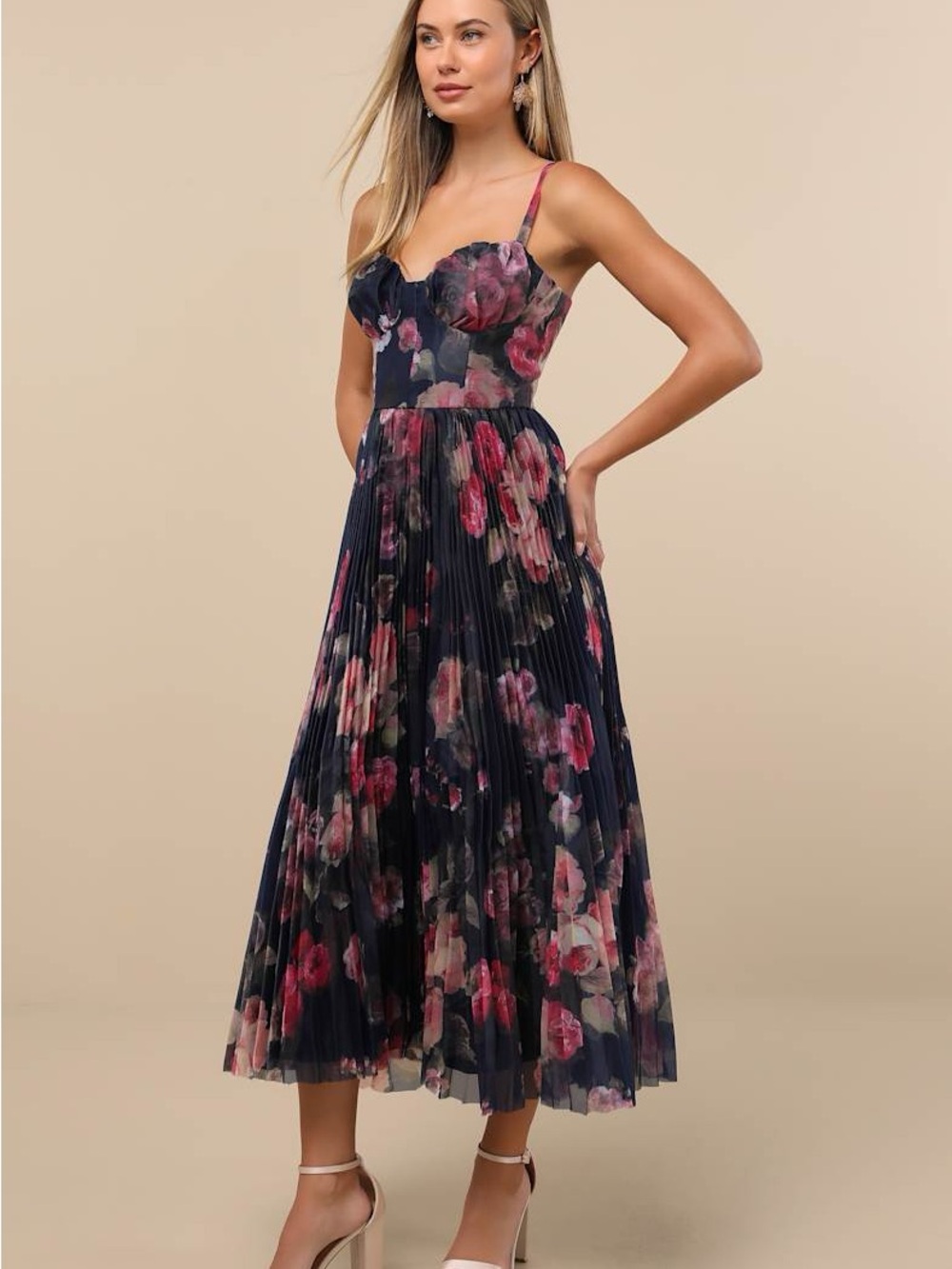 NWT Lulu’s Alluring Invite Midnight Blue Floral Pleated Bustier Midi Dress Large - Picture 3 of 3